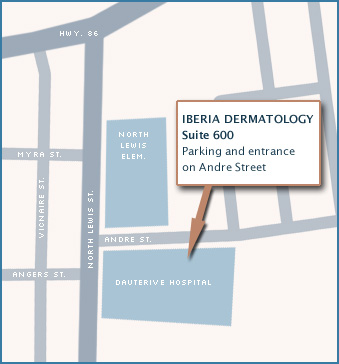 Iberia Dermatology, Suite 600. Parking and entrance on Andre Street.